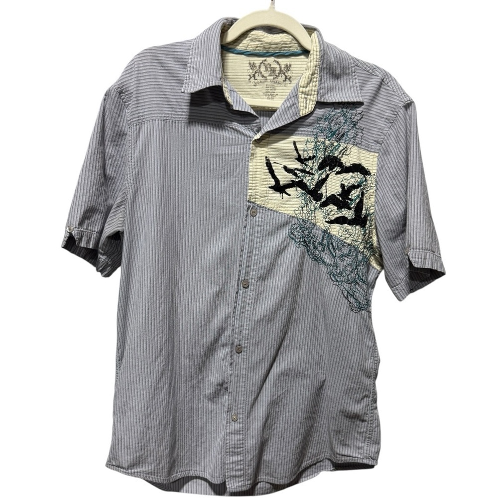 Toxic Hazard Y2K Embroidered Striped Cotton Button Down Shirt Large Birds Blue